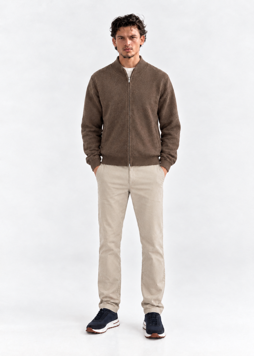 Zipper Style Sweater Cardigan Brown